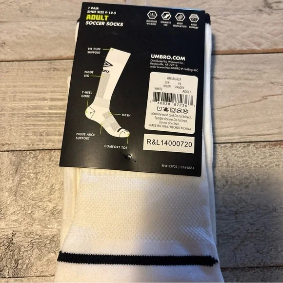 Umbro Adult Soccer Socks (Shoe Size 9-12.5) 1 Pair Wicking White NEW - Picture 10 of 11